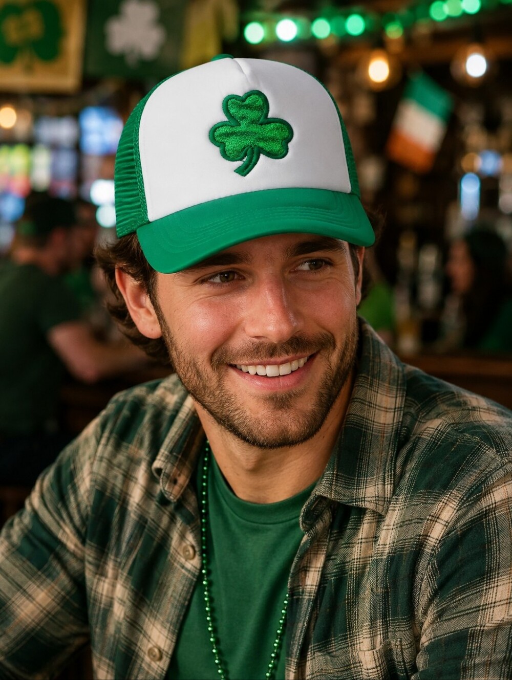 St Patrick's Day Trucker Hat Green White Shamrock Clover Snapback Festival Cap